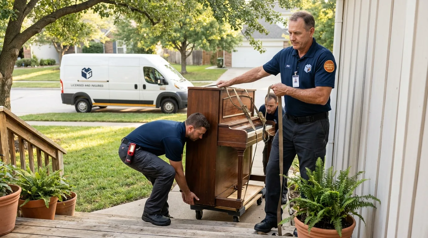 Licensed piano movers securing grand piano in Canton, ME