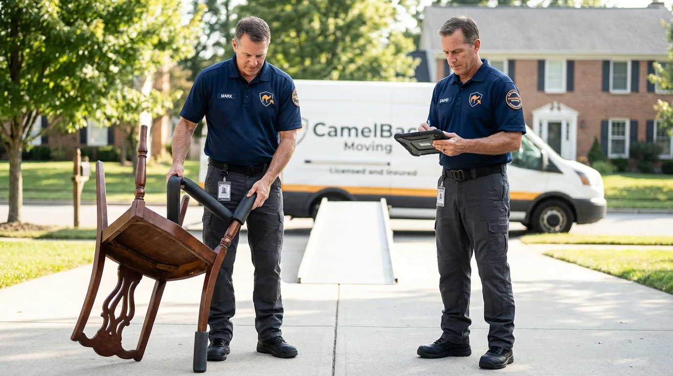 Movers inspecting furniture for damage prevention before loading in Canton, ME